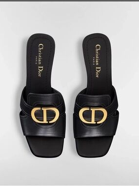 Dior Black Leather Slide Sandals with Gold CD Logo